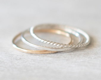 Super Thin Gold Filled and Silver Ring Set of 3, Thin Gold Hammered Ring, Silver Hammered Ring, Silver Twist Ring, Thin Rings for Women