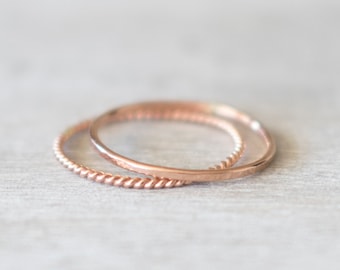 Super Thin Rose Gold Filled Ring Set, Rose Gold Hammered Ring, Rose Gold Twist Ring, Dainty Rose Gold Rings, Rose Gold Rings for Women