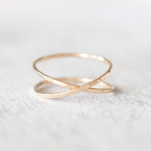 14k Solid Gold Super Thin X Ring, Criss Cross Ring, Gold Hammered Ring, Dainty Gold Rings for Women, Wedding Ring, Anniversary Ring