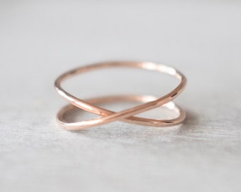 Super Thin Rose Gold X Ring, Rose Gold Filled Ring, Criss Cross Ring, Double Rings, 14k Rose Gold Rings for Women, Dainty Rose Gold Ring