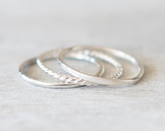 Thin Silver Textured Ring Set of 3, Silver Twist Ring, Dainty Silver Rings, Silver Rings for Women