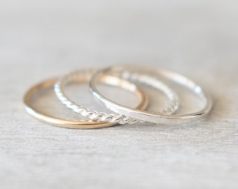 Thin Gold and Silver Ring Set of 3, Thin Gold Ring, Silver Twist Ring, Silver Hammered Ring, Dainty Rings, Stackable Ring Set