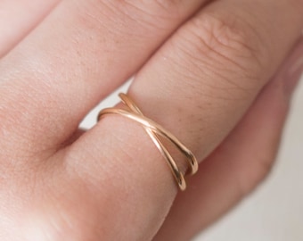 Gold Interlocking Rings, Double Rings, Intertwined Rings, Gold Criss Cross Ring, Gold X Ring, Gold Rings for Women