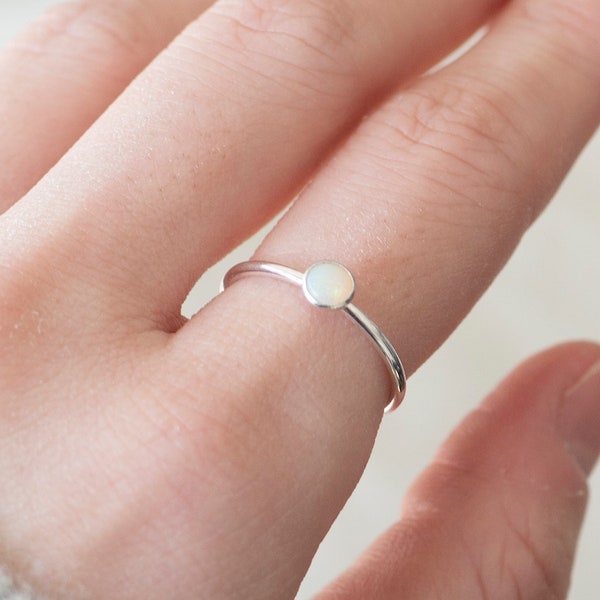 Thin Silver 4mm Opal Ring, AA-Grade, Dainty Opal Ring, Sterling Silver Gemstone Ring, Rings for Women, October Birthstone Ring