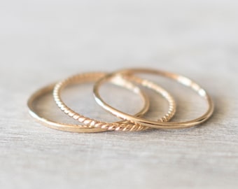 Super Thin Textured Gold Filled Ring Set of 3 Rings, Thin Gold Ring, Gold Twist Ring, Gold Hammered Ring, 14k Gold Rings for Women