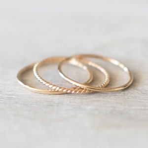 Super Thin Textured Gold Filled Ring Set of 3 Rings, Thin Gold Ring, Gold Twist Ring, Gold Hammered Ring, 14k Gold Rings for Women image 1