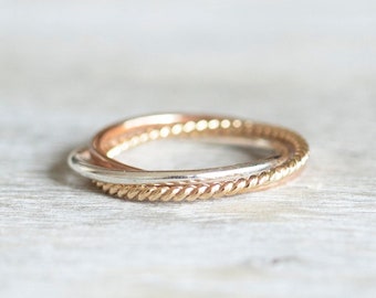 Silber, Gold und Roségold gefüllt 3 ineinander greifende Ringe, verflochtene Ringe, Angst Fidget Ring, Rolling Ring, Spinning Ring, Ringe für Frauen