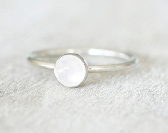 Thin Silver 5mm Moonstone Ring, Sterling Silver Ring, Dainty Stacking Ring, Anniversary Ring, Silver Rings for Women, June Birthstone Ring