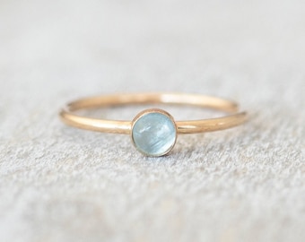 Thin Gold 4mm Aquamarine Ring, Dainty Gold Filled Ring, 14k Gold Rings for Women, Gold Stackable Rings, March Birthstone Ring