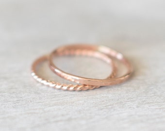 Thin Rose Gold Ring Set, Rose gold Twist Ring, Rose Gold Hammered Ring, Pink Gold Filled Rings, 14k Rose Gold Rings for Women