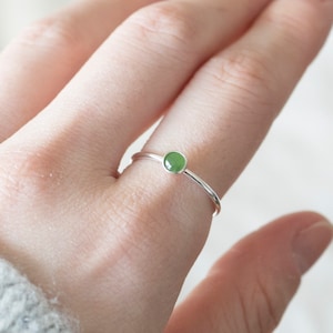 Thin Silver 4mm Jade Ring, Dainty Jade Ring, Small Gemstone Bezel Ring, Birthstone Ring, Green Stone Ring