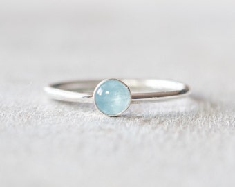 Thin Silver 4mm Aquamarine Ring, Dainty Silver Ring, Small Gemstone Bezel Ring, March Birthstone Ring, Silver Rings for Women