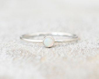 Super Thin Silver 3mm Opal Ring, AA-Grade, Dainty Opal Ring, Sterling Silver Gemstone Ring, October Birthstone Ring, Rings for Women