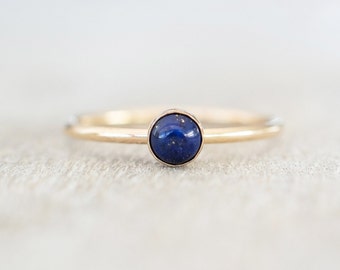 Thin Gold 4mm Lapis Lazuli Ring, AA-Grade, Dainty Gold Filled Ring, 14k Gold Rings for Women, Gold Stackable Rings, Birthstone Ring