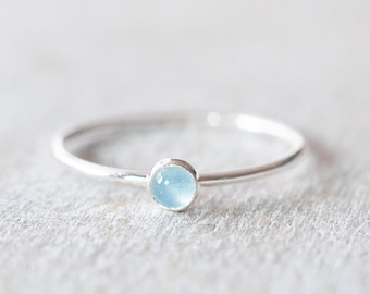 Super Thin Silver 3mm Aquamarine Ring, Dainty Silver Rings for Women Ring, Sterling Silver Gemstone Bezel Ring, March Birthstone Ring