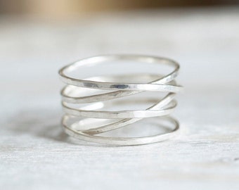 Super Thin Silver Wire Wrap Ring, Silver Hammered Ring, Criss Cross Ring, Intertwined Rings, Sterling Silver Rings for Women
