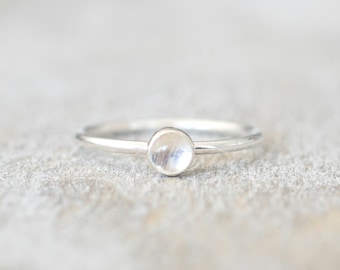 Thin Silver 4mm Moonstone Ring, Dainty Moonstone Ring, Sterling Silver Gemstone Bezel Ring, Silver Rings for Women, June Birthstone Ring