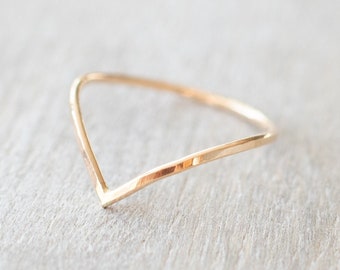 Super Thin Gold Hammered Chevron Ring, Gold V Ring, Dainty Gold Filled Ring, Gold Stacking Ring, 14k Gold Rings for Women