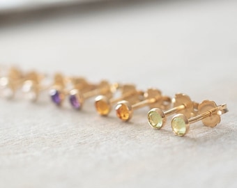 Natural Gold Filled 3mm Gemstone Stud Earrings | Peridot Earrings | Amethyst Earrings | Garnet Earrings | Dainty Gemstone Earrings