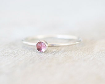 Super Thin Silver 3mm Pink Tourmaline Ring, Dainty Sterling Silver Gemstone Ring, Silver Rings for Women, October Birthstone Ring,