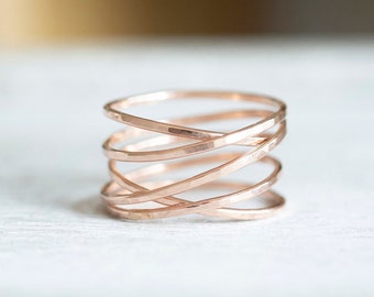 Super Thin Rose Gold Wire Wrap Ring, Rose Gold Filled Hammered Ring, Criss Cross Ring, 14k Rose Gold Rings for Women