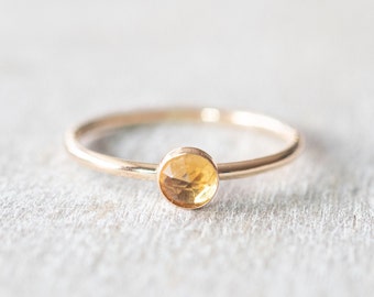 Thin Gold 4mm Citrine Ring, Dainty Gold Filled Ring, 14k Gold Rings for Women, Gold Stackable Rings, November Birthstone Ring