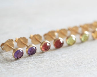 Natural Gold Filled 4mm Gemstone Stud Earrings | Peridot Earrings | Amethyst Earrings | Garnet Earrings | Dainty Gemstone Earrings