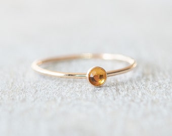 Super Thin Gold 3mm Citrine Ring, Dainty Gold Filled Ring, 14k Gold Rings for Women, Gold Stacking Rings, November Birthstone Ring