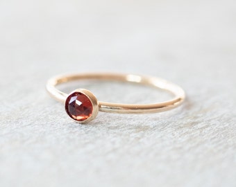 Thin Gold 4mm Garnet Ring, Dainty Gold Filled Ring, 14k Gold Rings for Women, Gold Stackable Rings, January Birthstone Ring