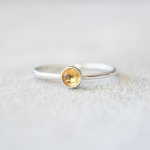 Thin Silver 4mm Golden Citrine Ring, Dainty Citrine Ring, Sterling Silver Gemstone Bezel Ring, November Birthstone Ring