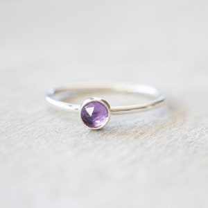 Thin 4mm Sterling Silver Amethyst Ring, Dainty Sterling Silver Gemstone Bezel Ring, February Birthstone Ring, Rings for Women image 1