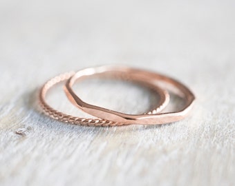 Thin Rose Gold Ring Set, Rose Gold Twist Ring, Rose Gold Faceted Faceted Ring, Pink Gold Rings, Delicate Rose Gold Rings