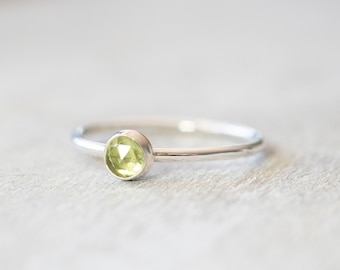 Thin Silver 4mm Peridot Ring, Dainty Peridot Ring, Small Gemstone Bezel Ring, August Birthstone Ring, Green Stone Ring