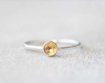 Thin Silver 4mm Golden Citrine Ring, Dainty Citrine Ring, Sterling Silver Gemstone Bezel Ring, November Birthstone Ring