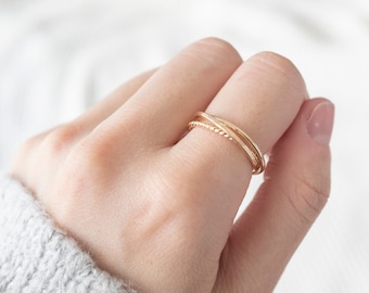 Gold 3 ineinander greifende Ringe, verflochtene Ringe, Angst-Fidget-Ring, Rolling-Ring, Spinning-Ring, 14k Goldringe für Frauen