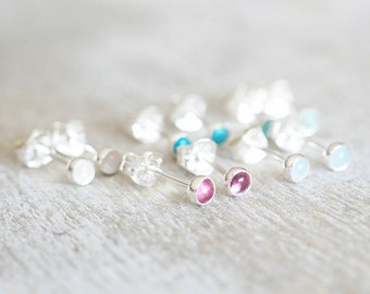 Silver 3mm Natural Gemstone Earrings | Pink Tourmaline Earrings | Aquamarine Earrings | Moonstone Earrings | Turquoise Earrings