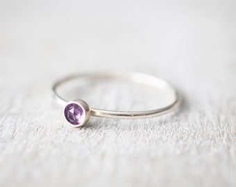 Super Thin Silver 3mm Amethyst Ring, Dainty Amethyst Birthstone Ring, Sterling Silver Gemstone Ring, February Birthstone Ring