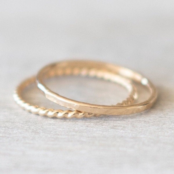 Thin Gold Ring Set, Gold Twist Ring, Gold Hammered Ring, Gold Filled Rings, Dainty Rings, Gold Stacking Rings, 14k Gold Rings for Women