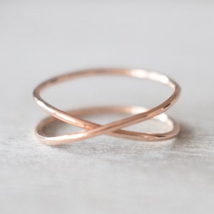 Super Thin Rose Gold X Ring, Rose Gold Filled Ring, Criss Cross Ring, Double Rings, 14k Rose Gold Rings for Women, Dainty Rose Gold Ring