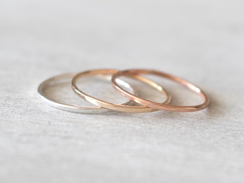 Super Thin Hammered Ring Set of 3, Mixed Metal Rings, Dainty Rings, Midi Rings, Knuckle Rings, Stacking Ring Set, Rings for Women image 1