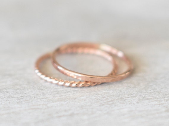 Thin Rose Gold Ring Set, Rose Gold Twist Ring, Rose Gold Hammered