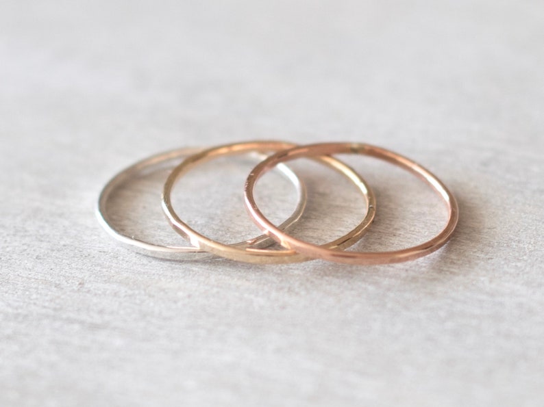 Super Thin Hammered Ring Set of 3, Mixed Metal Rings, Dainty Rings, Midi Rings, Knuckle Rings, Stacking Ring Set, Rings for Women image 2