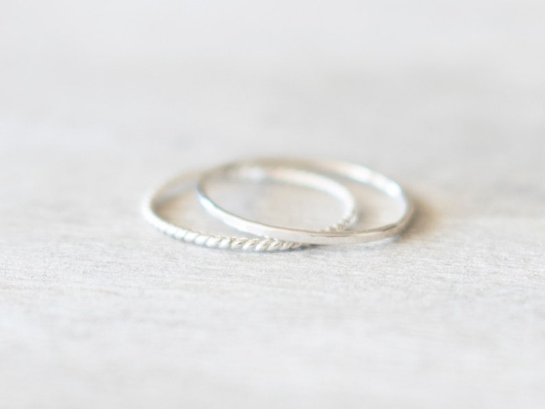 Super Thin Silver Ring Set, Sterling Silver Hammered Ring and Twist Ring, Dainty Rings, Stacking Ring Set, Silver Rings for Women image 1