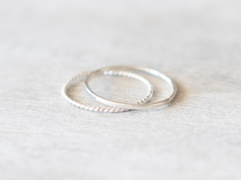 Super Thin Silver Ring Set, Sterling Silver Hammered Ring and Twist Ring, Dainty Rings, Stacking Ring Set, Silver Rings for Women image 2