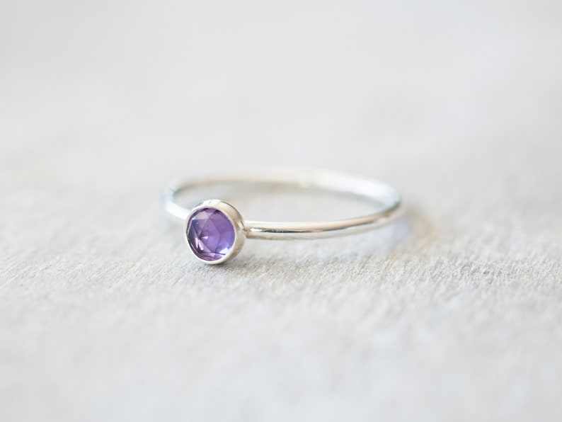 Thin 4mm Sterling Silver Amethyst Ring, Dainty Sterling Silver Gemstone Bezel Ring, February Birthstone Ring, Rings for Women image 2