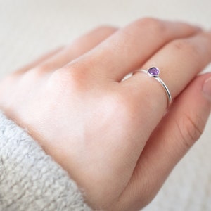 Thin 4mm Sterling Silver Amethyst Ring, Dainty Sterling Silver Gemstone Bezel Ring, February Birthstone Ring, Rings for Women image 6