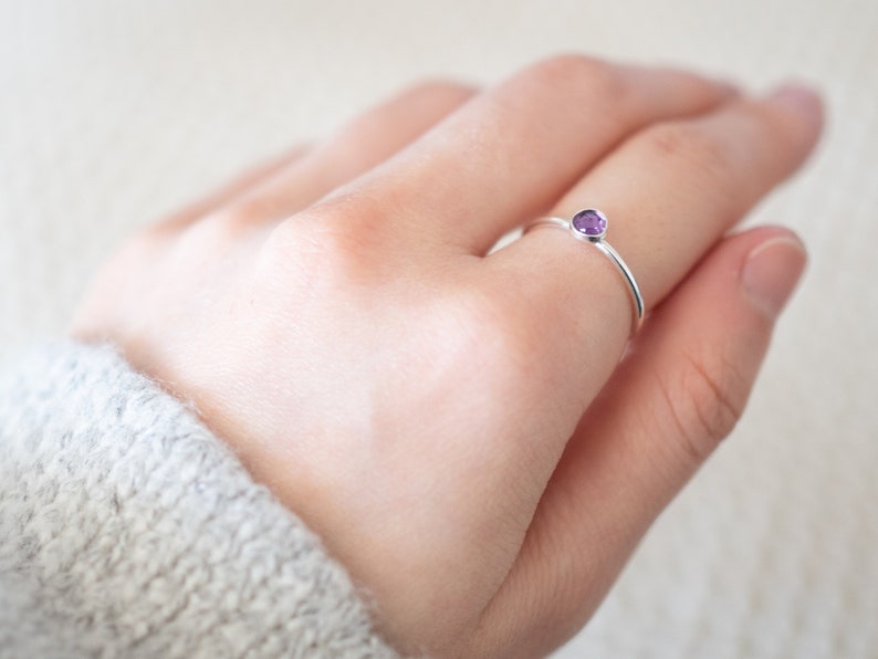 Thin 4mm Sterling Silver Amethyst Ring, Dainty Sterling Silver Gemstone Bezel Ring, February Birthstone Ring, Rings for Women image 6