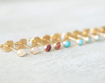 Natural Gold Filled 3mm Round Stud Earrings, Aquamarine Earrings, Moonstone Earrings, Jade Earrings, Dainty Gemstone Earrings