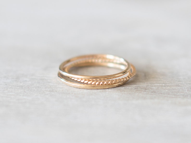 Super Thin Textured Gold Filled Ring Set of 3 Rings, Thin Gold Ring, Gold Twist Ring, Gold Hammered Ring, 14k Gold Rings for Women image 3