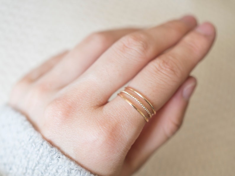 Super Thin Textured Gold Filled Ring Set of 3 Rings, Thin Gold Ring, Gold Twist Ring, Gold Hammered Ring, 14k Gold Rings for Women image 5